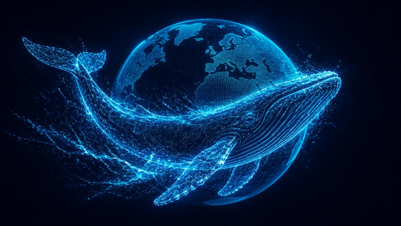 Digital blue whale swimming past a glowing globe of network lines